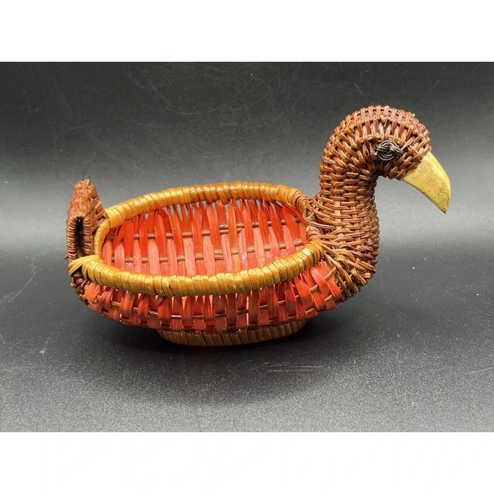 Vintage Woven Wicker Duck Bird Basket Bowl w/ Wooden Beak‎ - 6